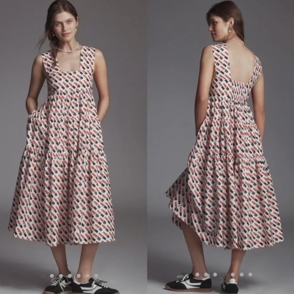 Anthropologie Square-Neck Tiered Babydoll Dress *LIPSTICK PRINT MIDI NWT